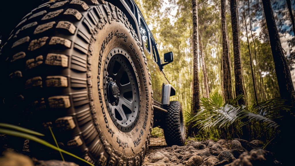 A car driving through a forest with mud tyres