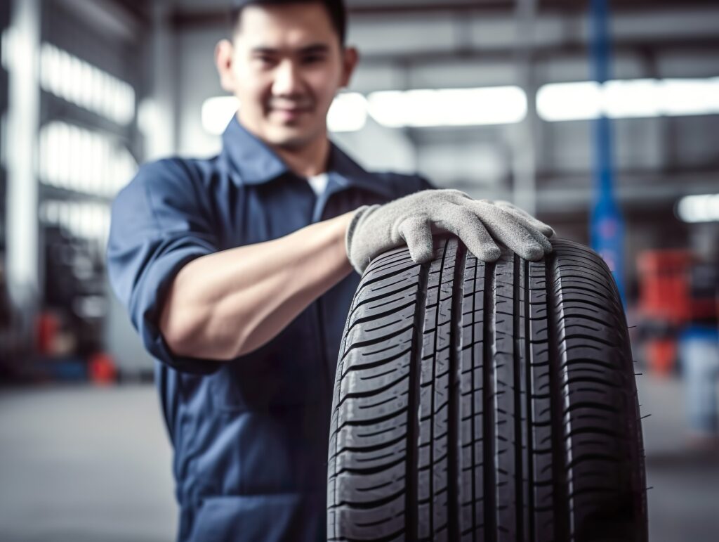 A mechanic holding a car tyre
