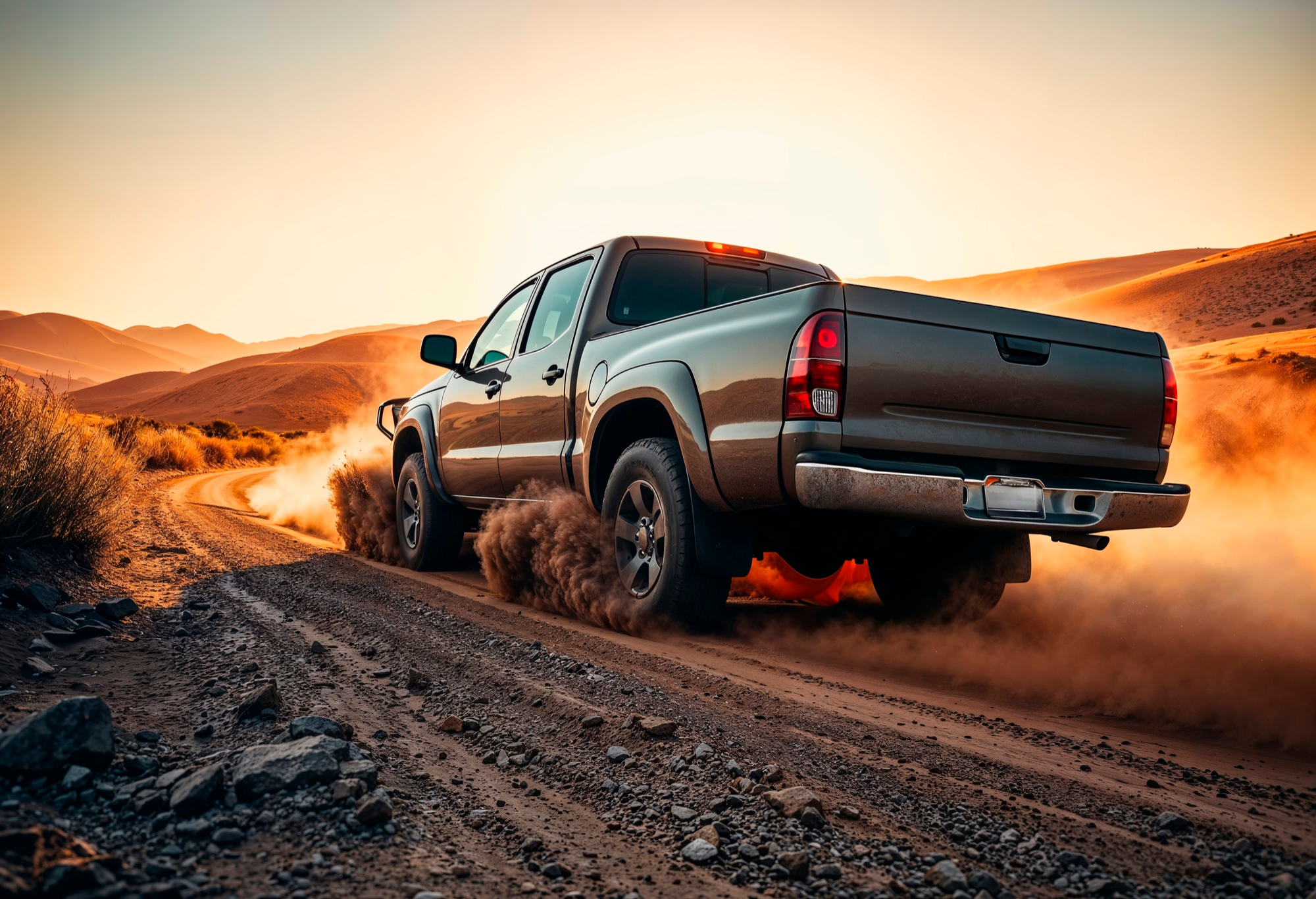 A car with All-Terrain tyres driving on gravel track