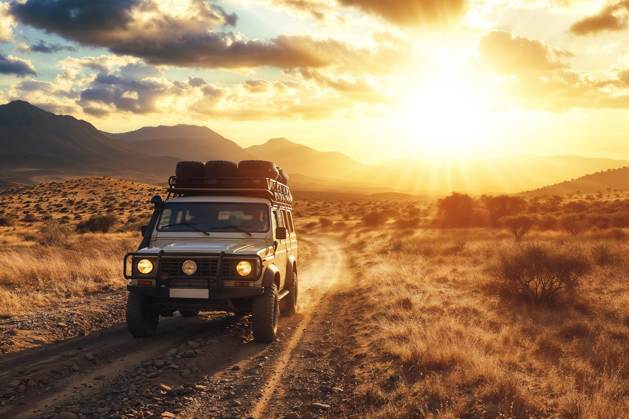 A car driving in a off road with the sunset in the background