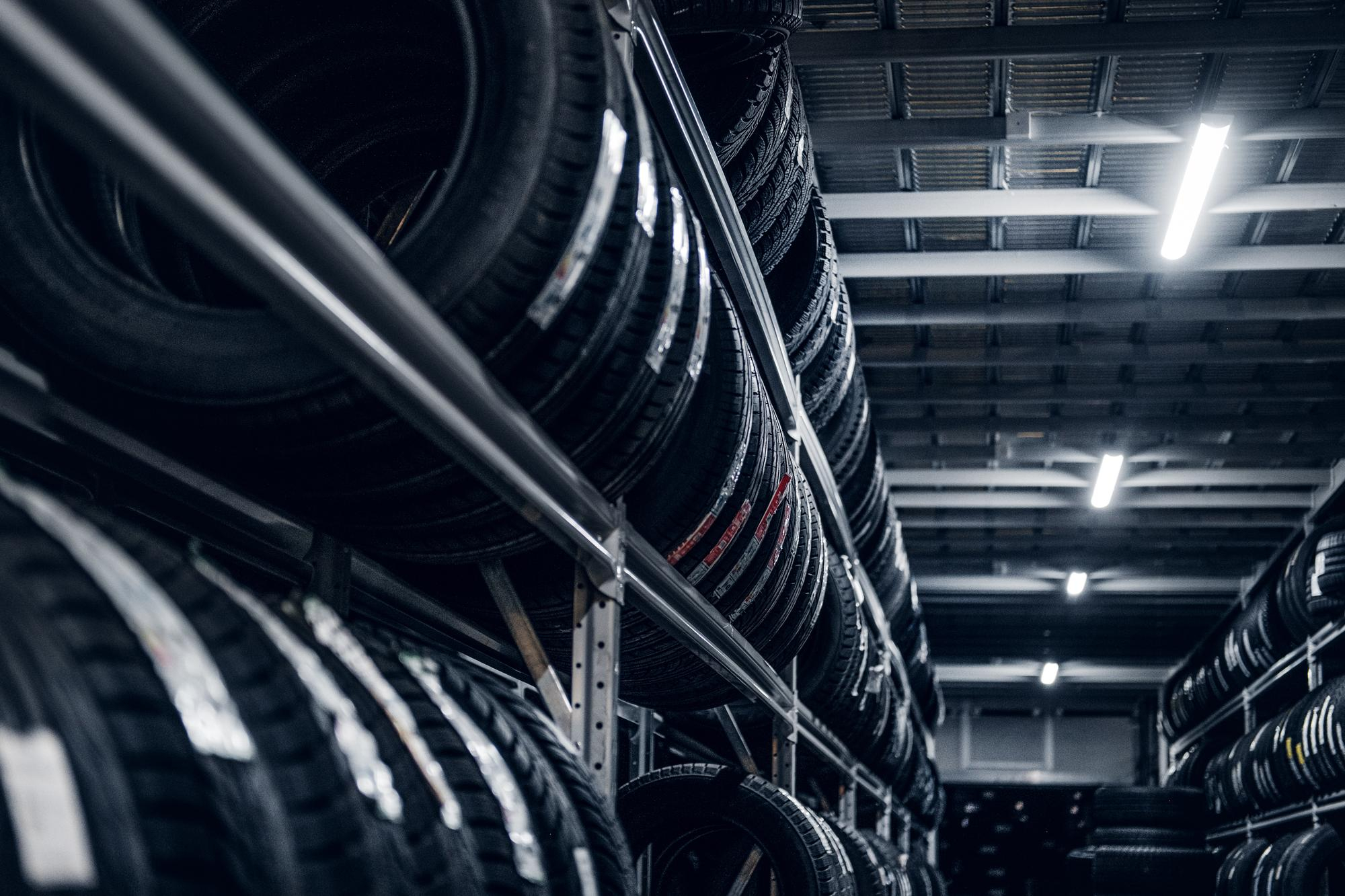 Tyres stored at a warehouse
